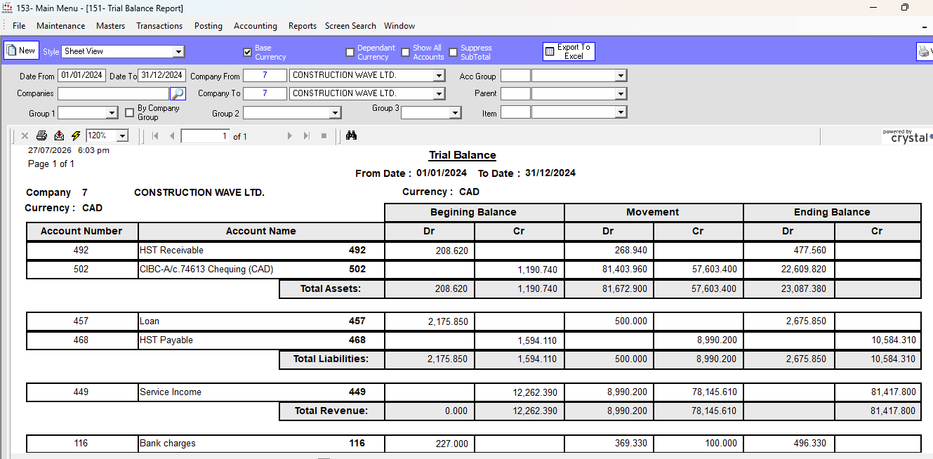 Trial Balance Report