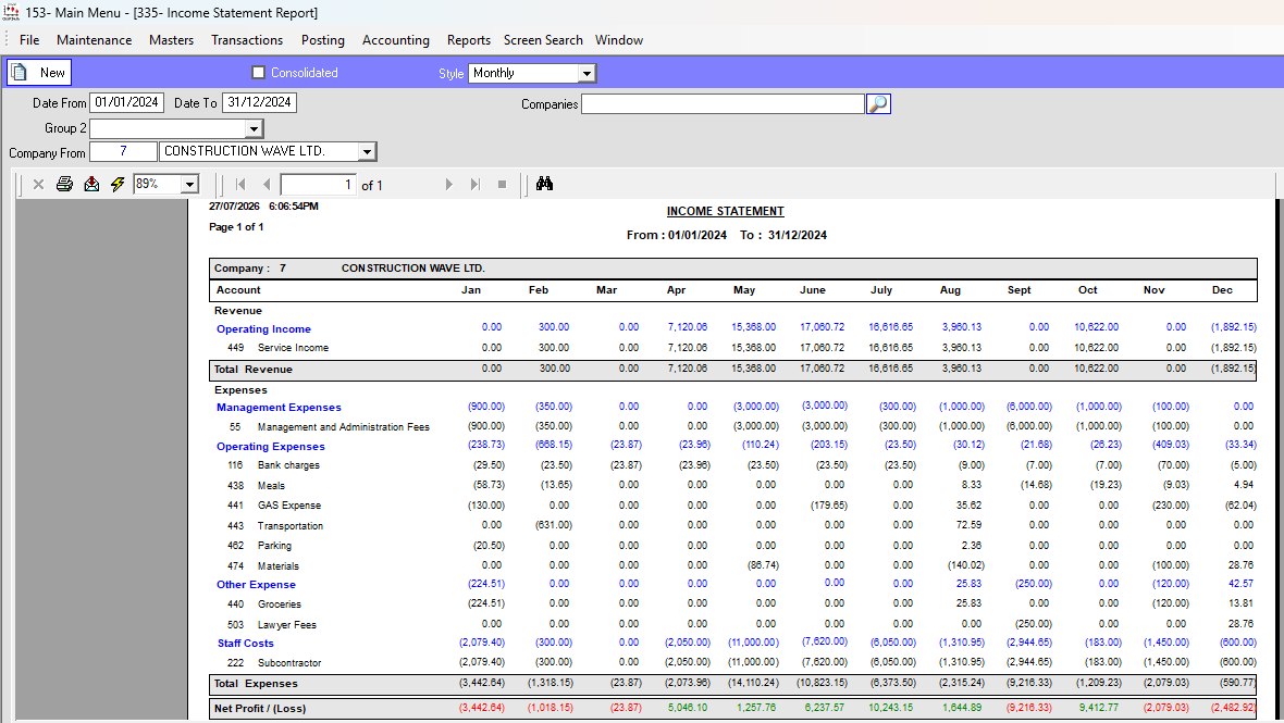 Monthly Income Statement Report