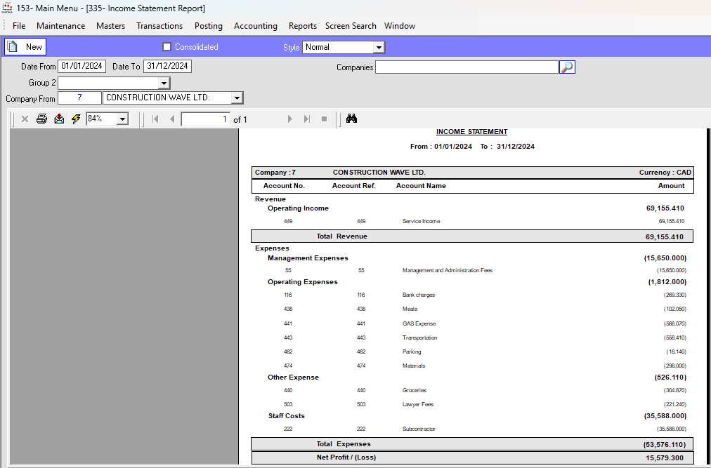 Summary Income Statement Report
