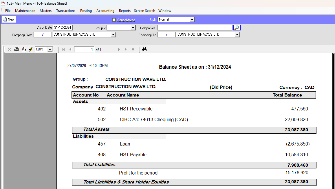 Balance Sheet Report