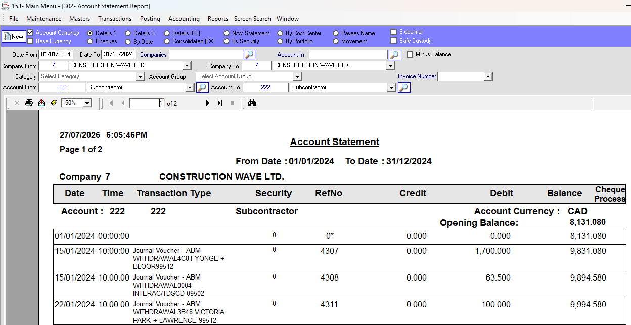 Account Statement Report